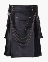 Style Black Leather Kilt Featuring Silver Chains - Scottish Kilt Jacket™ USA-UK